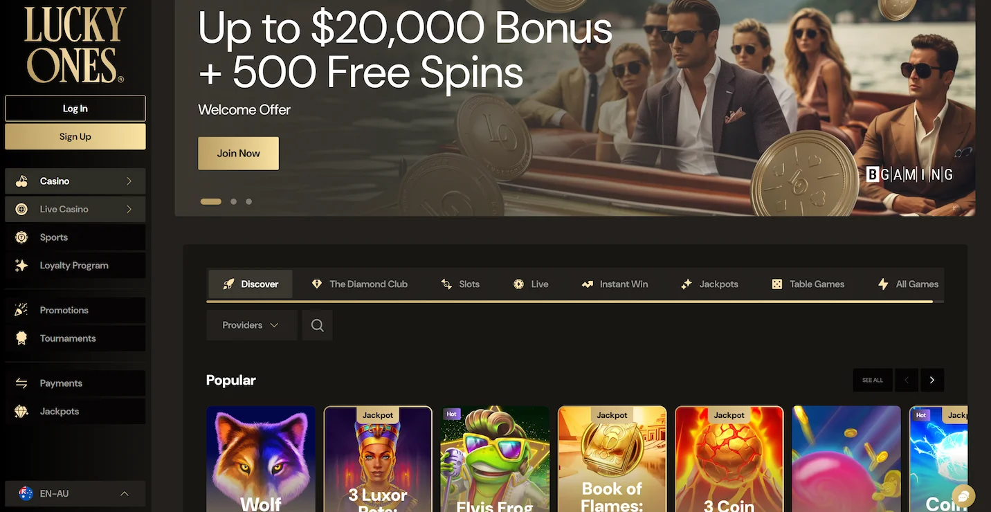 LuckyOnes casino homepage displaying welcome offer, popular real-money slots and main site navigation