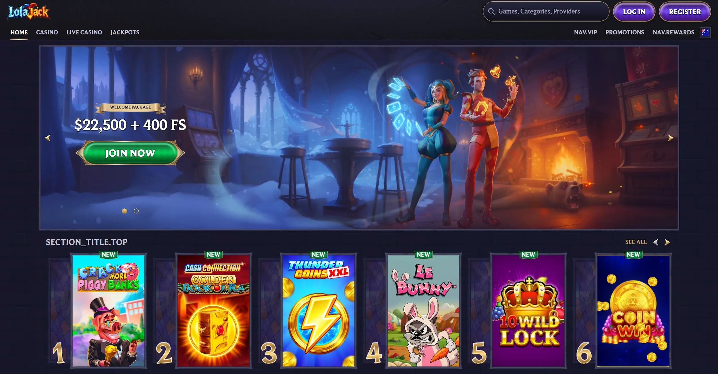 Lolajack casino frontpage featuring welcome offer and selection of top real-money slots